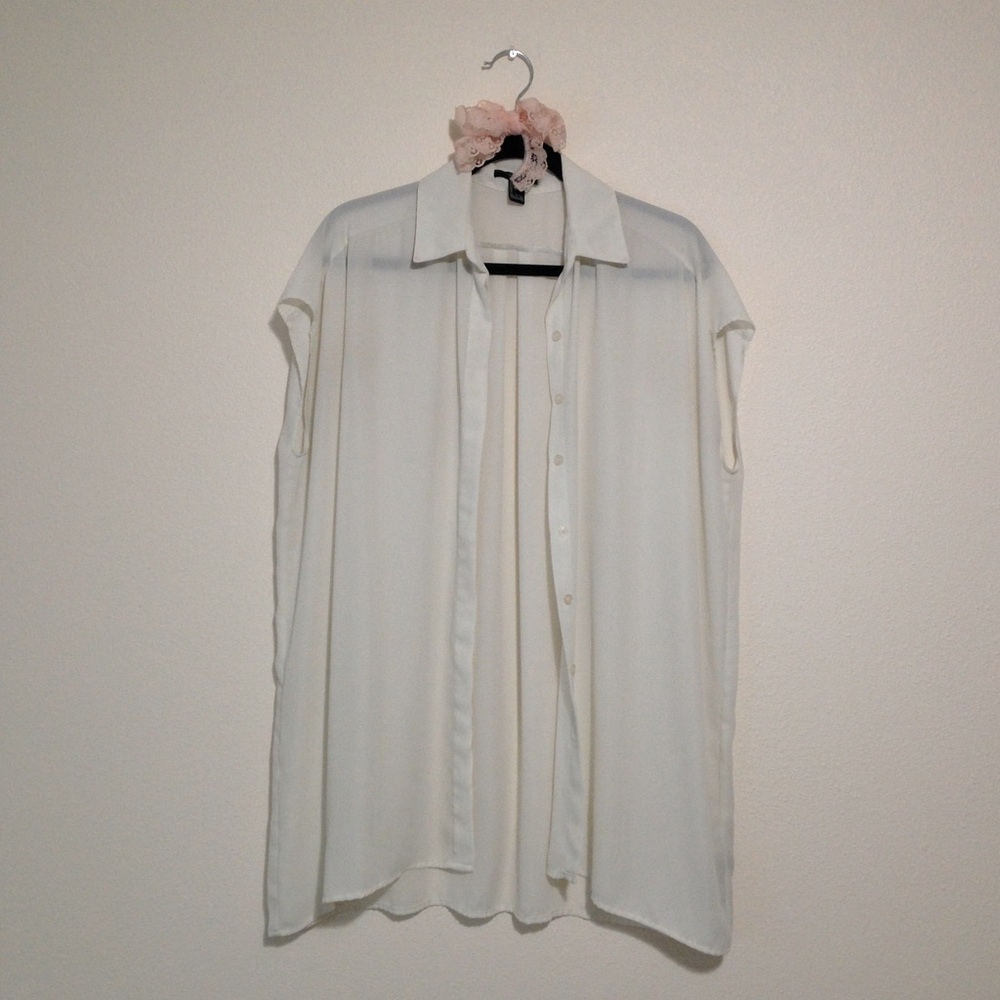 Forever21 Cream Oversized Sleeveless Sheer Button Down Long Shirt